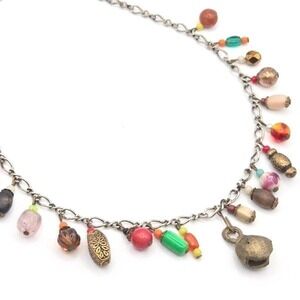 Boho Mixed Media‎ Charm Choker Necklace Beads Dangles Bell Pendant Silver Tone
